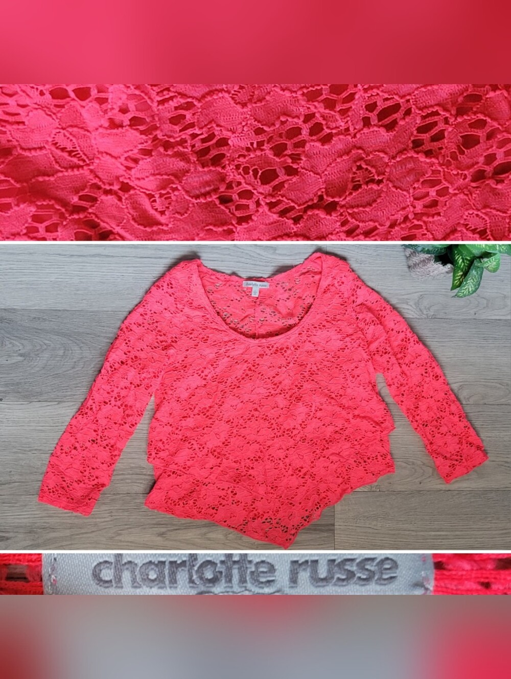 Charlotte Russe Neon Coral Lace 3/4 Sleeve Scoop Neck Blouse, Junior's Large (L)